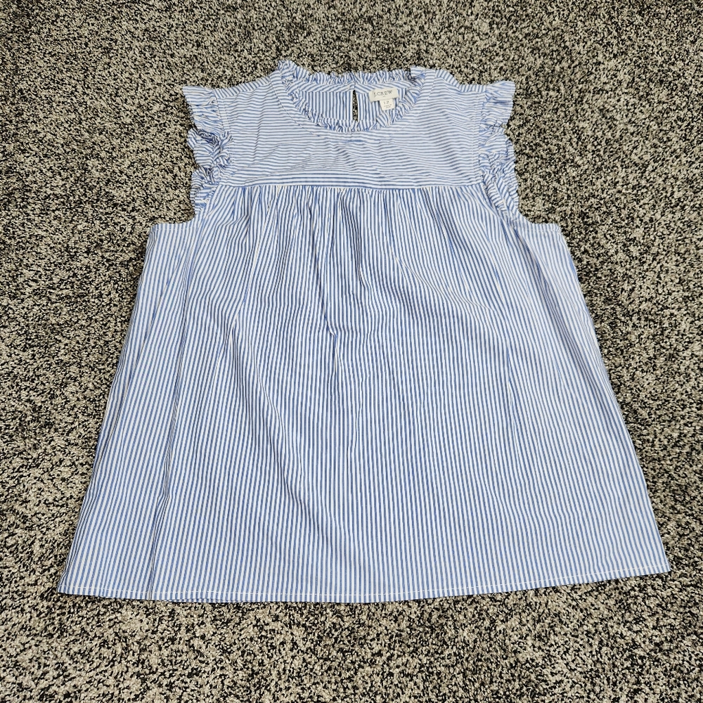 J. Crew White Blue Poplin Striped Ruffleneck Cap Sleeve,  Women's Size 12 Career